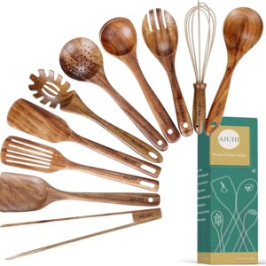 10 Pack Teak Wooden Utensils for Cooking Non-Stick Spoons & Spatulas